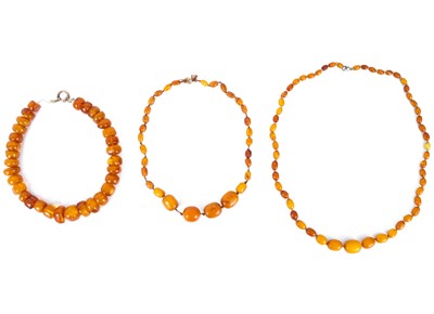 Lot 395 - Three amber bead necklaces.