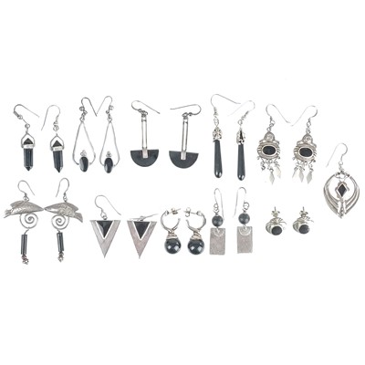 Lot 490 - Ten pairs of silver and black earrings