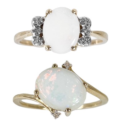 Lot 240 - Two 9ct contemporary opal and small diamond set rings by Gemporia.