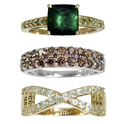 Lot 251 - Three 9ct gem and small coloured diamond set rings by Rocks & Co.