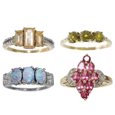 Lot 258 - Three 9ct gem and diamond set rings and a 9ct opal ring, by Gemporia.