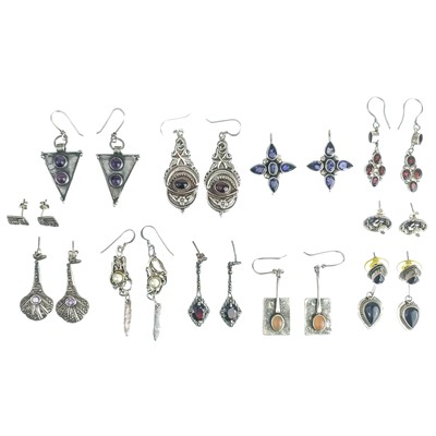 Lot 499 - A collection of marcasite and stone set earrings