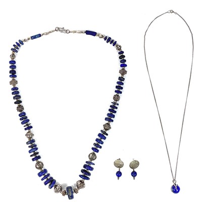 Lot 504 - A 925 silver bead and lapis lazuli bead long necklace.