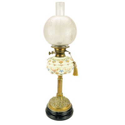 Lot 247 - A Victorian brass oil lamp with etched glass shade.