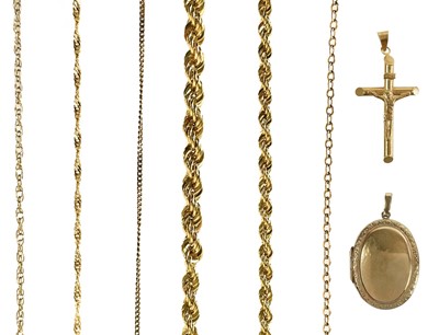 Lot 271 - A 9ct pendant locket, a cross pendant and five slender gold chains.