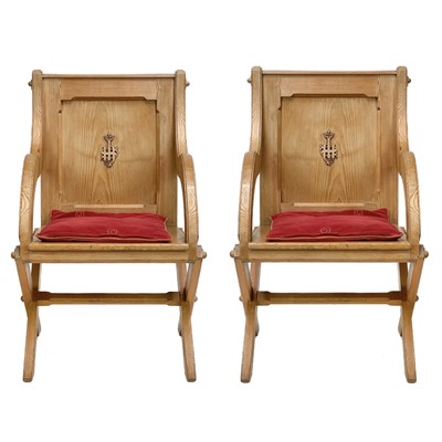 Lot 144 - A pair of Victorian pitch pine Glastonbury chairs.