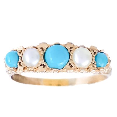 Lot 278 - A Victorian style 9ct pearl and turquoise set five stone ring.