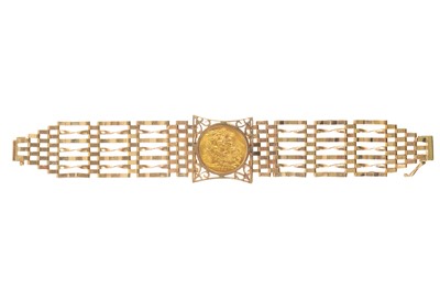 Lot 283 - A 1974 sovereign gold coin set seven bar 9ct gatelink bracelet.