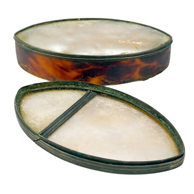 Lot 4 - A George III mother of pearl and tortoiseshell navette shape snuff box.