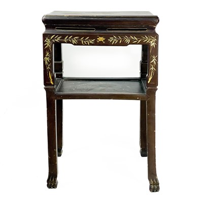 Lot 1366 - A Chinese brown and gilt lacquered jardiniere stand, late 19th/early 20th century.