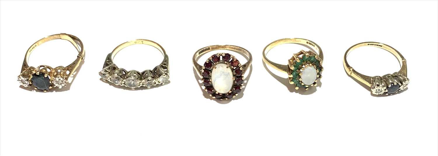 Lot 2523 - Five 9ct gold dress rings.