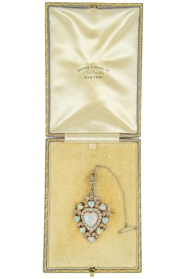 Lot 301 - An exquisite Edwardian diamond and opal heart shaped brooch pendant by Depree & Young Ltd Exeter.