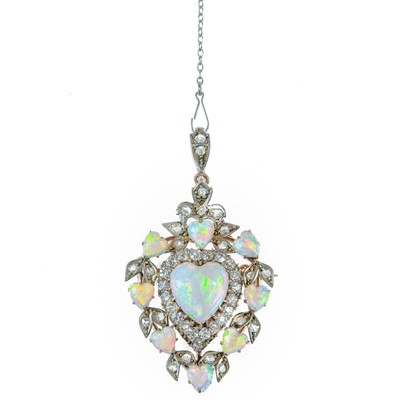 Lot 301 - An exquisite Edwardian diamond and opal heart shaped brooch pendant by Depree & Young Ltd Exeter.