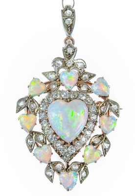 Lot 301 - An exquisite Edwardian diamond and opal heart shaped brooch pendant by Depree & Young Ltd Exeter.