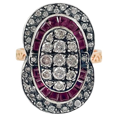 Lot 246 - A rose gold Georgian style rose gold diamond and ruby dress ring.