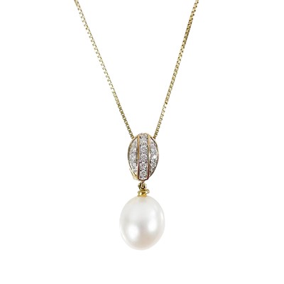 Lot 249 - A 9ct cultured pearl pendant with diamond set pear shaped bale.