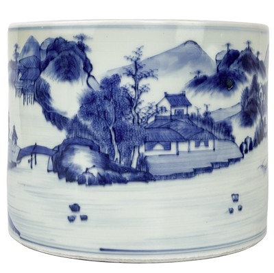 Lot 1266 - A Chinese blue and white porcelain brush pot,  Kangxi-style.