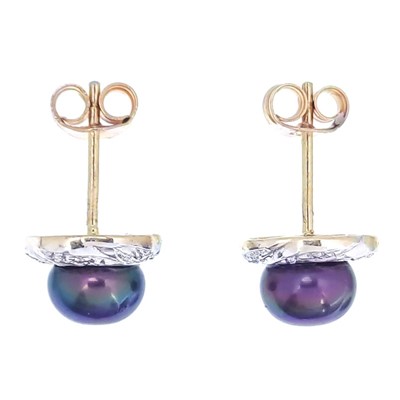 Lot 286 - A pair of 9ct purplish black cultured pearl and diamond set ear studs.