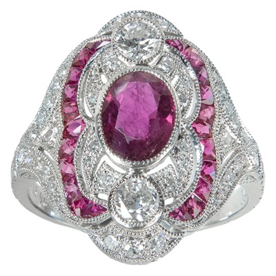 Lot 341 - An attractive Victorian style platinum diamond and ruby ring.