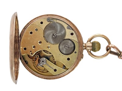 Lot 34 - A 9ct rose gold open face crown wind lever pocket watch with 9ct rose gold Albert watch chain.