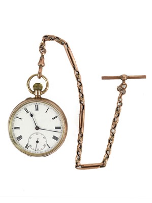 Lot 34 - A 9ct rose gold open face crown wind lever pocket watch with 9ct rose gold Albert watch chain.