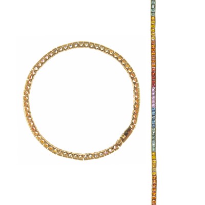 Lot 336 - A 14ct gold multi-colour sapphire set rainbow line bracelet by Iliana.