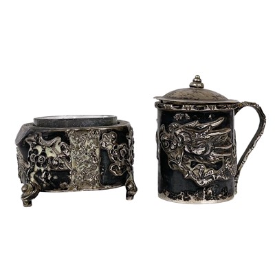 Lot 453 - A Chinese export silver condiment pot and salt by Wang Hing.