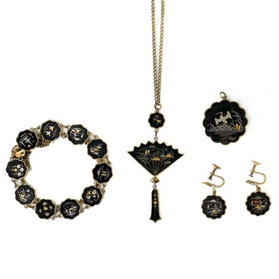 Lot 455 - A collection of Japanese damascene jewellery.