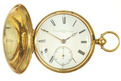 Lot 6 - A Victorian 18ct gold cased full hunter fusee lever pocket watch by French, Royal Exchange London.