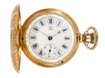 Lot 8 - A Hampden Watch Company 14ct gold cased full hunter crown wind lever pocket watch.
