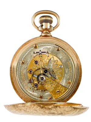 Lot 8 - A Hampden Watch Company 14ct gold cased full hunter crown wind lever pocket watch.