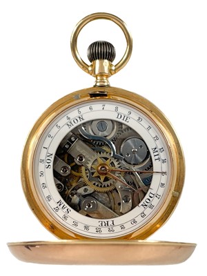 Lot 13 - An unusual rose gold cased full hunter crown wind double side calendar pocket watch.