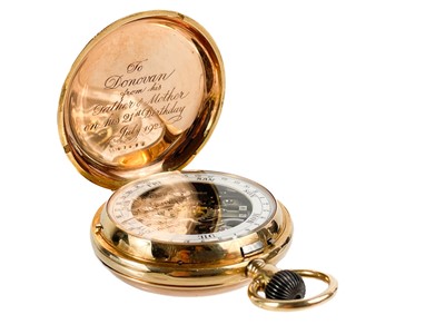 Lot 13 - An unusual rose gold cased full hunter crown wind double side calendar pocket watch.