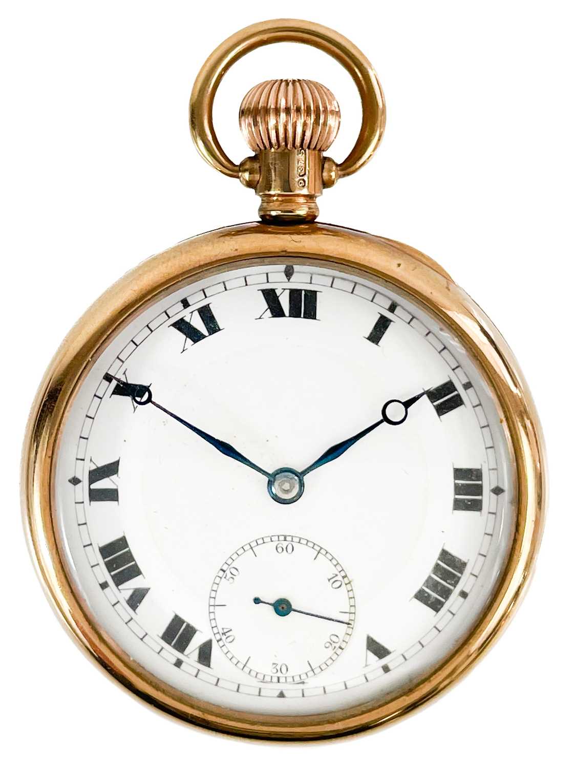 Lot 19 - A Swiss 9ct rose gold cased crown wind cylinder pocket watch.