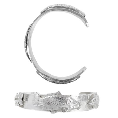 Lot 358 - A .999 fine silver 'Pike, Mirror Carp & Wells Catfish bangle by James Suddaby.