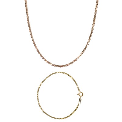 Lot 359 - A 9ct rose gold box link necklace and a 9ct yellow gold box link bracelet.