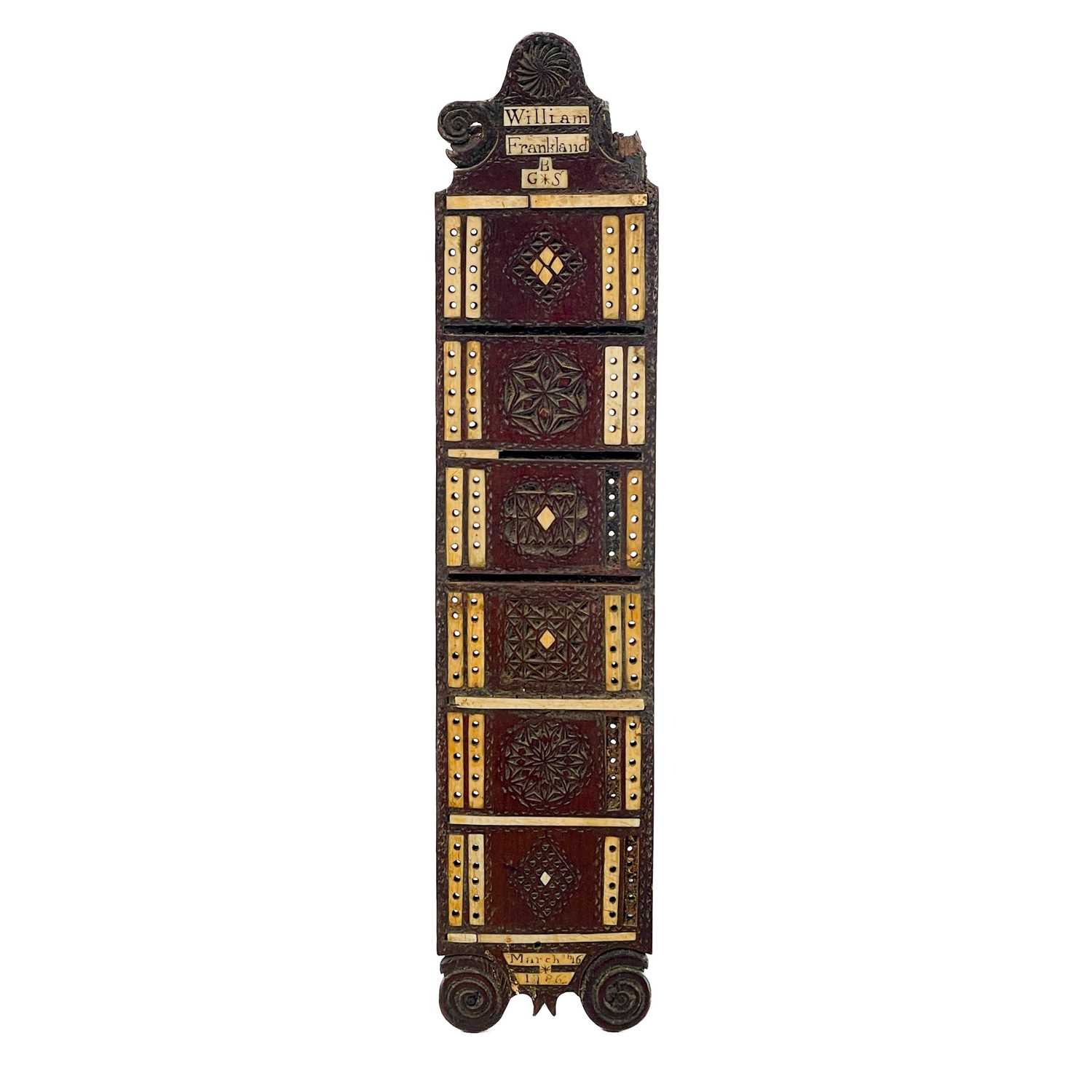 Lot 5 - A George III fruitwood and bone inlaid cribbage marker.