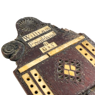 Lot 5 - A George III fruitwood and bone inlaid cribbage marker.