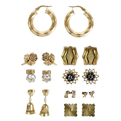 Lot 373 - A selection of 9ct gold pairs of earrings.