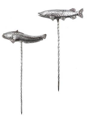 Lot 190 - A .999 fine silver catfish and pike olive picks by James Suddaby.