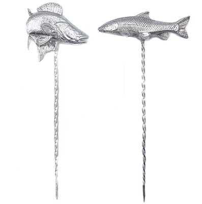 Lot 155 - A pair of .999 fine silver 'Zander & Barbel' olive picks by James Suddaby.