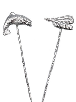 Lot 140 - A pair of .999 fine silver 'Sea Trout and Fresh Water Eel' olive picks by James Suddaby.