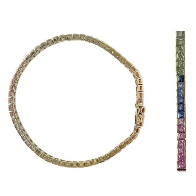 Lot 378 - A 9ct gold multi-colour sapphire set rainbow line bracelet.