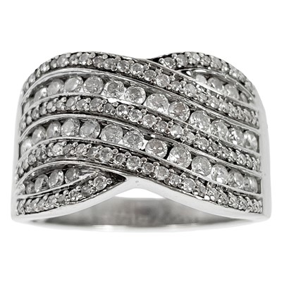 Lot 385 - A contemporary 18ct white gold diamond set fancy band ring.