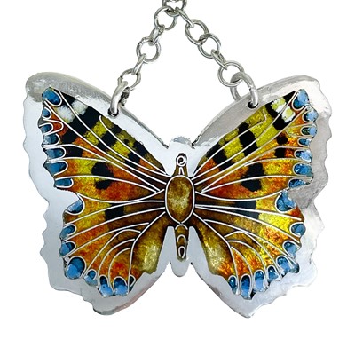 Lot 389 - A .999 fine silver and enamel 'Small Tortoiseshell Butterfly' pendant necklace by Samantha Suddaby.