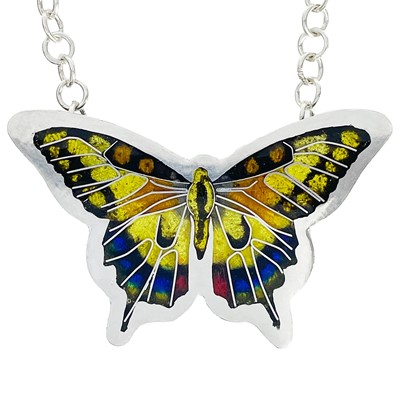 Lot 390 - A .999 fine silver and enamel 'Swallowtail Butterfly' pendant necklace by Samantha Suddaby.