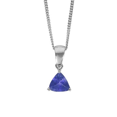 Lot 394 - A platinum trillion-cut Tanzanite pendant necklace by Rhapsody.