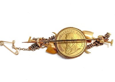 Lot 399 - A South African gold prospectors brooch set with an 1894 half Pond coin.