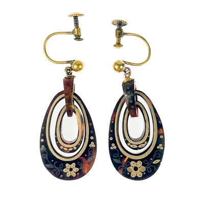 Lot 405 - A pair of Victorian pique-work tortoiseshell pendant earrings.