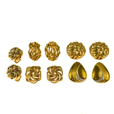 Lot 406 - Five pairs of 9ct hallmarked gold clip earrings.